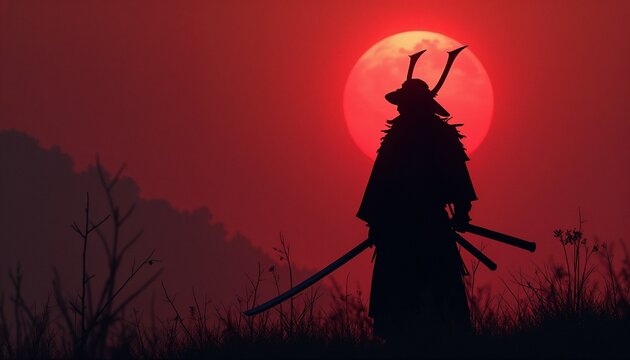 Dark Japanese samurai silhouette standing with swords against red background