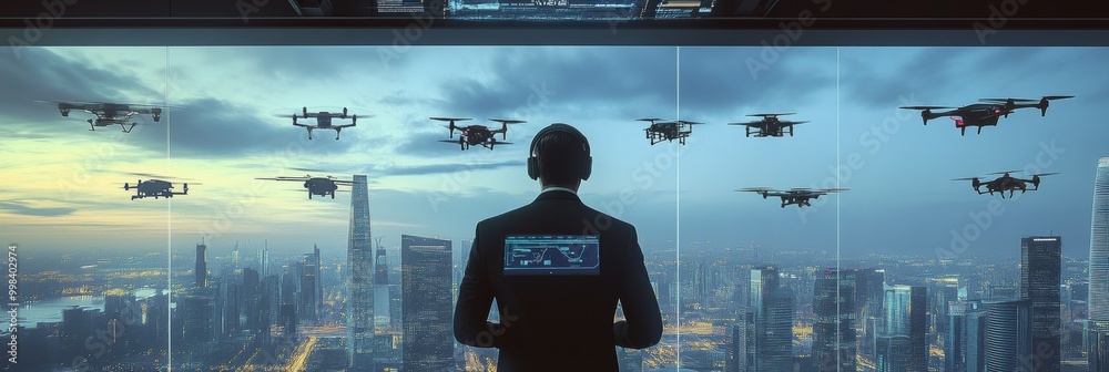 Aufkleber in a high-tech control center, a drone pilot skillfully manages a swarm of sleek drones while gazing