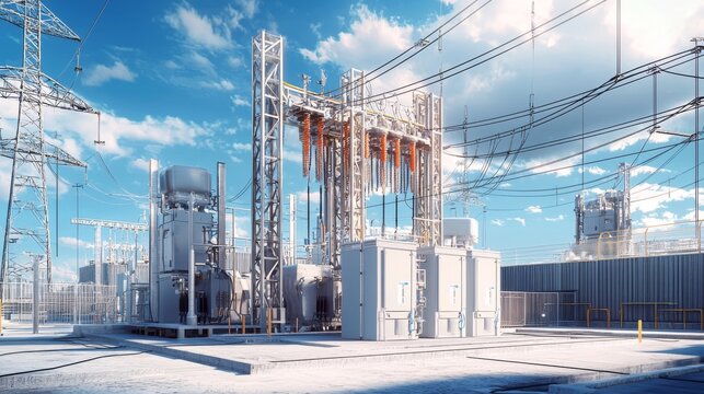 A large high-voltage transformer substation with power lines, transformers, and other equipment