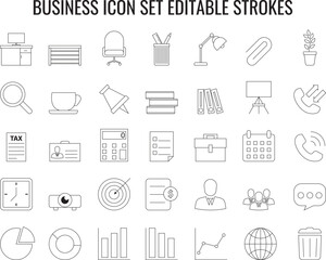 Business minimalist icon set with editable strokes, outline unique icons for businesses 