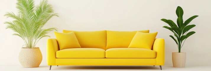 yellow sofa on modern room with plant vase and white wall background