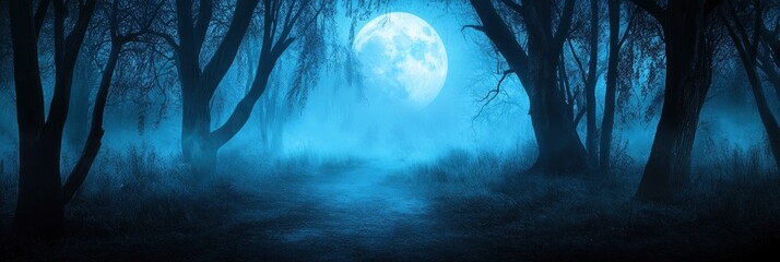 Mysterious dark foggy forest with moon on background