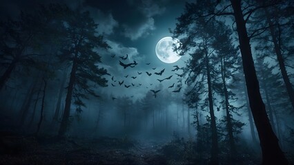Fototapeta premium Mysterious Forest at Night With Full Moon Illuminating Bats Flying Through the Trees