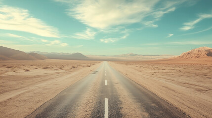Naklejka premium A desert road stretching into the distance under a clear blue sky with clouds, surrounded by arid landscape and mountains on the horizon