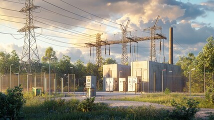 Obraz premium A large high-voltage transformer substation with power lines, transformers, and other equipment