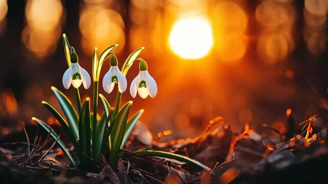Tranquil sunset glow fresh spring snowdrops