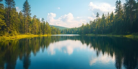 Obraz premium In the morning light a serene landscape unfolds, where the tranquil lake reflects the majestic mountains and their enchanting surroundings, creating a scene that feels both timeless and magical