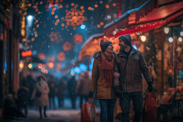 Fototapeta premium Couple Walking Through a Festive Christmas Market