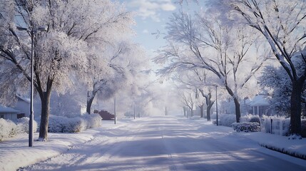 Generative AI Image of Tree on Residential Roadway at Frosty Morning Winter Snow Season Wallpaper