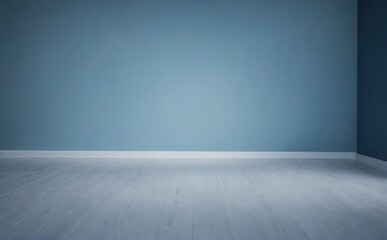 A large empty room with a blue wall and white floor
