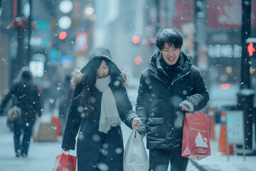 Asian couple walking through a snowy city during the holiday season