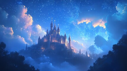 Starry Sky Over a Castle: Design a scene of a majestic castle under a star-filled sky, with the stars adding to the enchanting atmosphere.