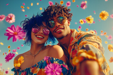 A portrait of a young couple in love with vibrant meadow flowers floating in the air against a clear blue sky, creating a serene spring atmosphere. Flower explosion..