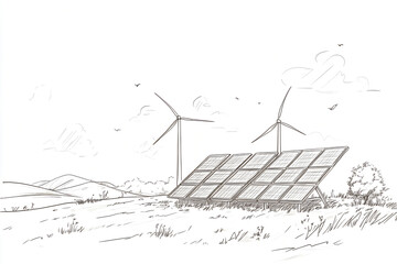Hand-Drawn Vector Illustration of Solar Panels and Wind Turbines Showcasing Sustainable Alternative Energy Sources