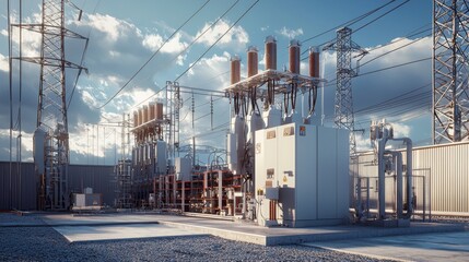 Naklejka premium A large high-voltage transformer substation with power lines, transformers, and other equipment