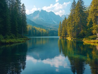 In the morning light a serene landscape unfolds, where the tranquil lake reflects the majestic mountains and their enchanting surroundings, creating a scene that feels both timeless and magical