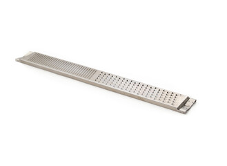 Isolated cheese grater with dual blades. Stainless steel handheld grater with razor blades. Grate...