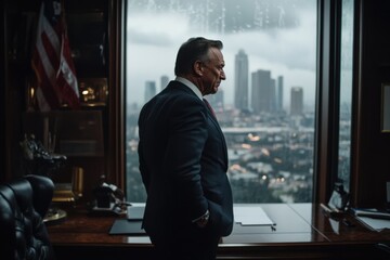 Fototapeta premium A manager in a sleek office, set against a rainy city background, contemplates the urban environment, evoking themes of introspection, solitude, and ambition.