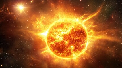 Obraz premium Stellar Radiance: Design an image showcasing the radiance of stars as they revolve around the sun, their light blending with the sun's glow