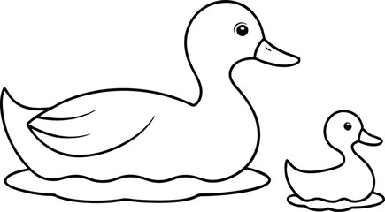 Baby Duck Swimming with Mother Vector Drawing for Kids Coloring Book