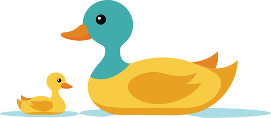 Duckling Floating with Mom Duck Vector Illustration 
