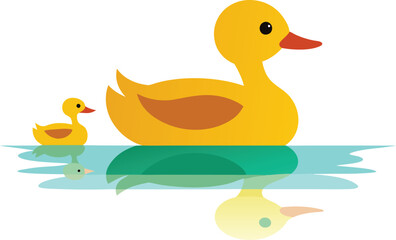 Mother Duck and Duckling in the Water Vector Illustration