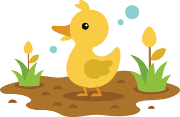 Duckling Exploring a Muddy Shore with Small Plants Vector Illustration