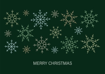 Fototapeta premium Festive Merry Christmas postcard with differently sized and formed snowflakes on dark green background.
