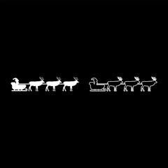 Santa Claus in a reindeer wagon chariot with sled set icon white color vector illustration image solid fill outline contour line thin flat style