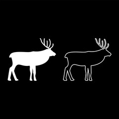 Deer stag set icon white color vector illustration image solid fill outline contour line thin flat style