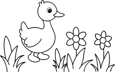 Vector Illustration of Duckling on Muddy Shore with Growing Plants for Kids
