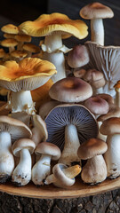 Diverse Array of Colorful Wild Mushrooms on Rustic Wooden Background