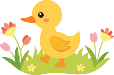 Duckling and Muddy Shore with Small Plants Vector Illustration