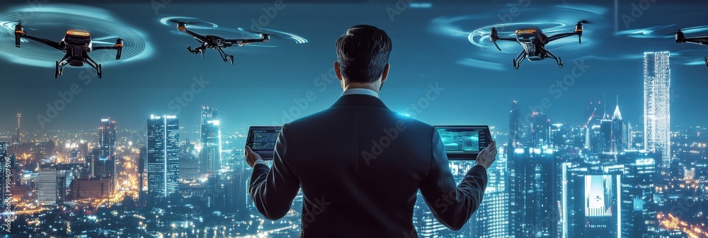 Fototapete A skilled pilot uses a touchpad to maneuver a fleet of drones from a sophisticated control center with a city view. Generative AI