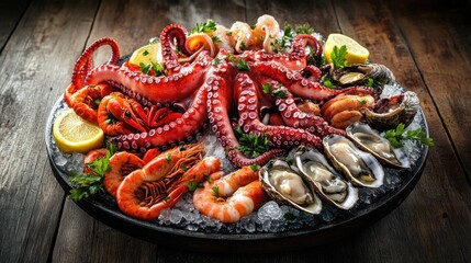 Seafood Platter with Octopus, Shrimp, Oysters, and Lemon