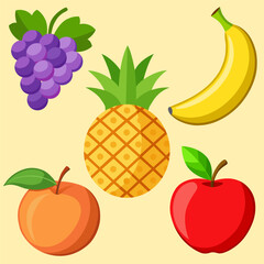 Vibrant Vector Fruit Collection Featuring Pineapple Peach Banana Apple and Grape