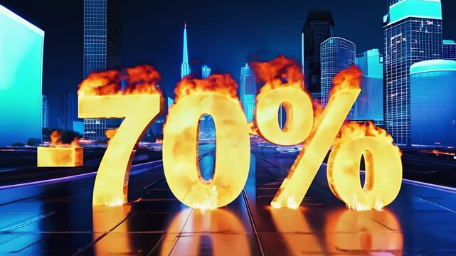 -70 discount in fiery neon text against a futuristic city skyline, with glowing buildings and intense flames illuminating the night scene