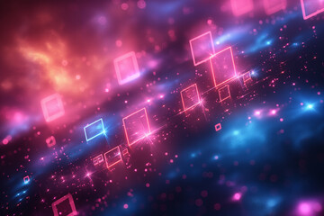 Abstract digital grid with floating pink shapes and neon lights