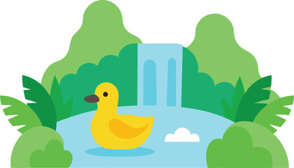 Serene Duck Swimming Near a Waterfall Vector