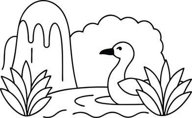 Peaceful Duck Swimming by a Waterfall Vector Art for Kids Coloring
