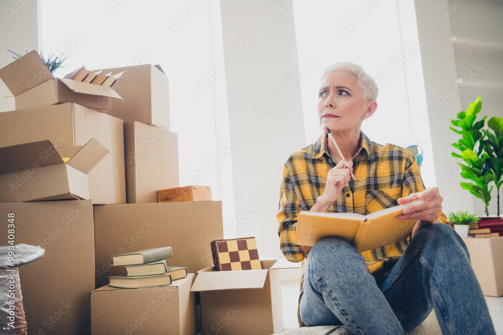 Poster Photo of nice aged woman pencil notepad think wear checkered shirt relocate move new apartment indoors