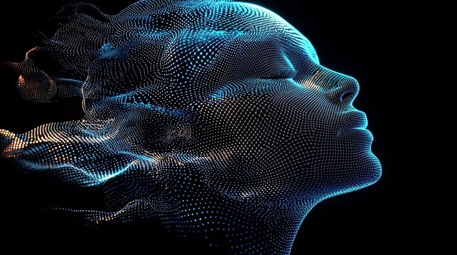 A captivating digital art piece showing a blue-lit wireframe face with flowing textures, representing the fluidity of human emotions and the integration of technology.