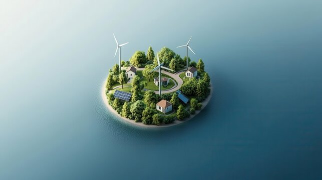 Island microgrid with wind, solar, and energy storage facilities, representing self-sufficient green energy