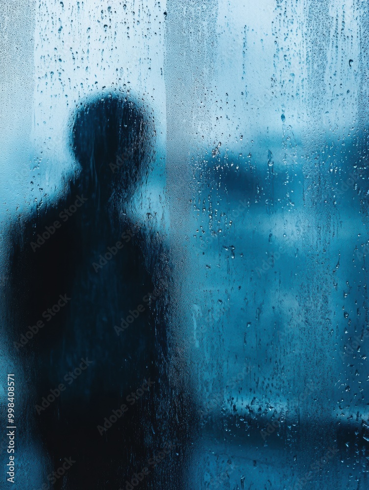 Poster A solitary figure stands by a window, lost in thought as raindrops cascade down, creating a melancholic atmosphere of introspection. Generative AI