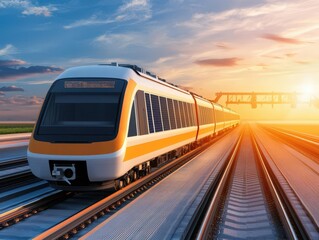 Naklejka premium Solar-powered electric train on an elevated track with onboard energy storage, sustainable transportation technology