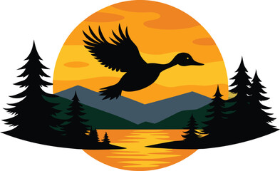 Enchanting Sunset View Featuring Duck Silhouette Over Tranquil Lake





