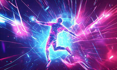 Dynamic Neon Football Action with Futuristic Geometric Patterns and Vibrant Light Trails for High-Energy Sports Advertising Backgrounds