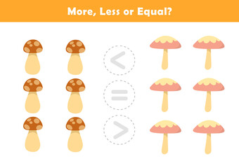 Comparison Worksheet with Cute Mushroom Illustration for Kids. Counting Games for Preschoolers. More or Less Worksheet for Kindergarten.