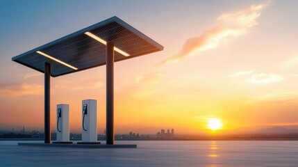Electric car charging station with solar canopy and energy storage system in a modern cityscape, green energy technology