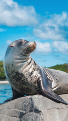 Fototapeta premium Sunbathing Seal on Rocky Shore with Clear Blue Sky and Fluffy Clouds